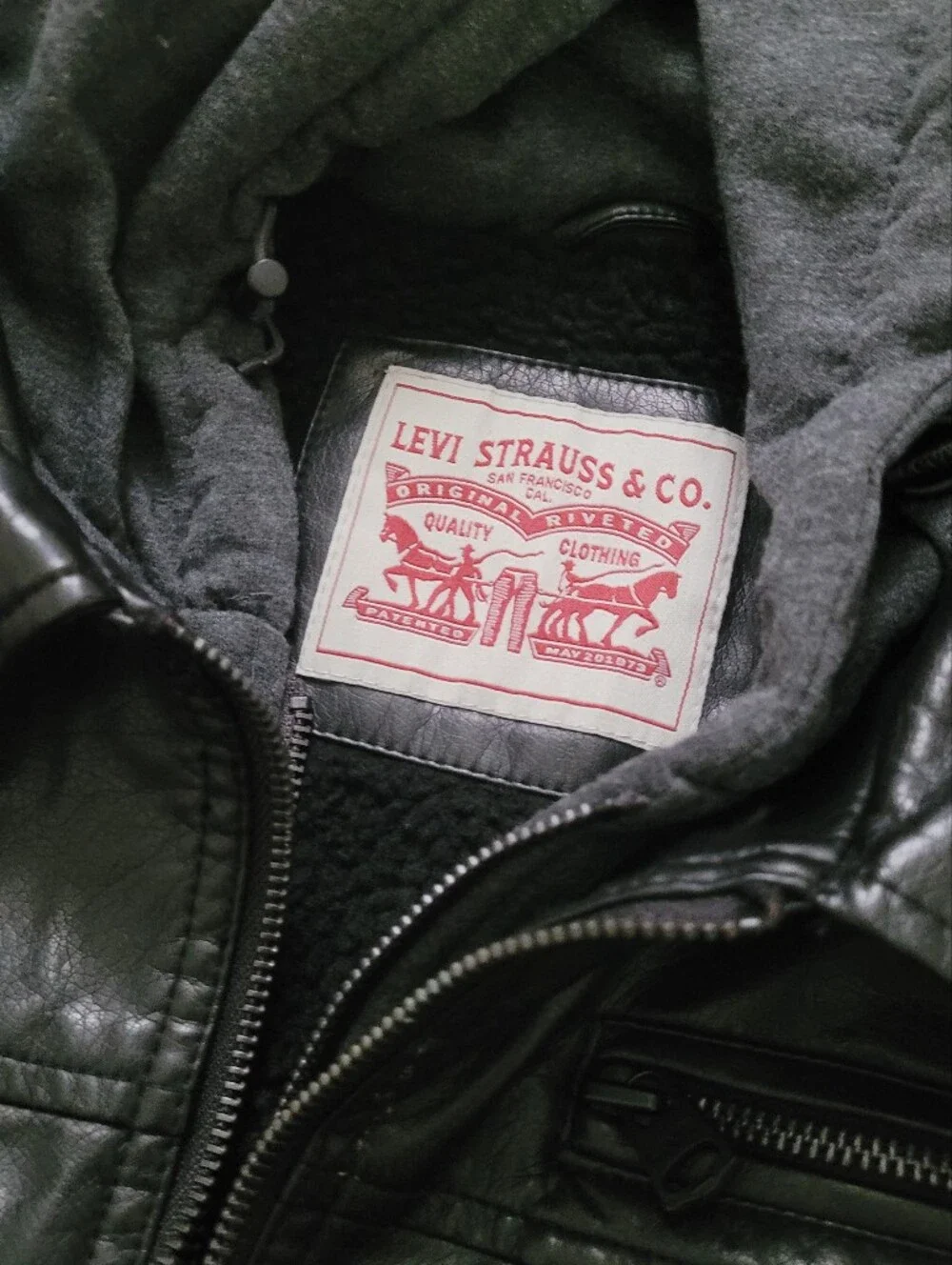 Levi Strauss Mens Black Faux Leather Moto Trucker Hoodie Layer Jacket  L